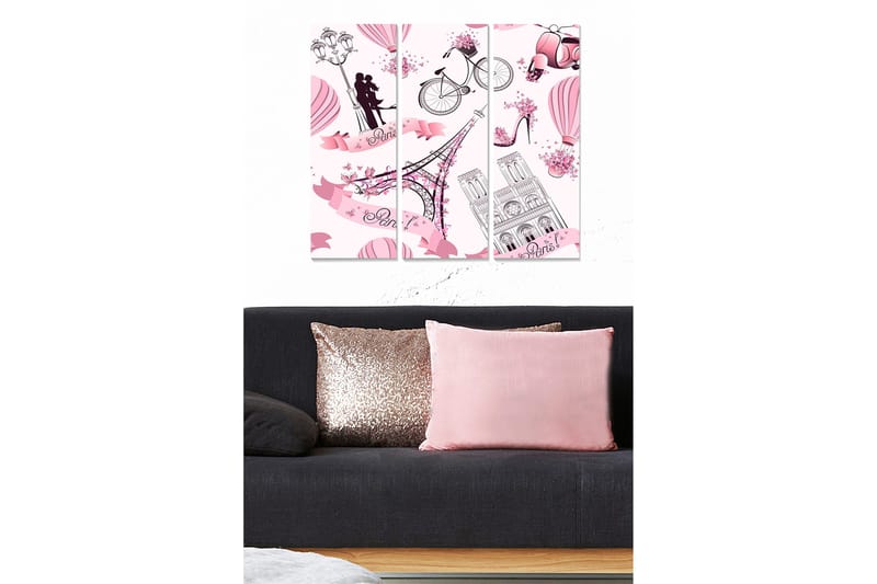 Canvastavla i trä 3-delar 50x70 cm - Romantisk stadsbild med Parismotiv och kärleksfullt par - Rosa / Svart / Vitt - Inredning - Tavlor & konst - Canvastavlor