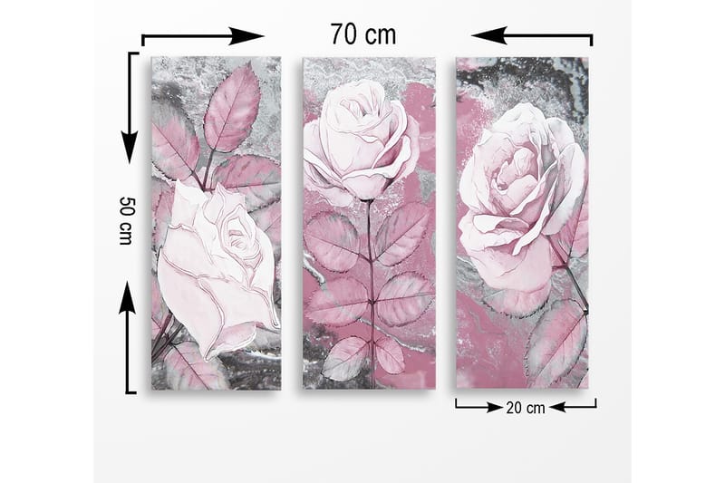 Canvastavla i trä 3-delar 50x70 cm - Rosa blommor med detaljerade bladverk - Rosa / Grå / Vit - Inredning - Tavlor & konst - Canvastavlor