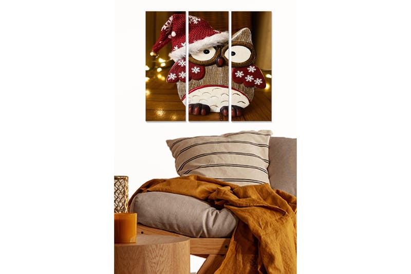 Canvastavla i trä 3-delar 50x70 cm - Söt uggla i julig hatt med snöflingor, Röd / Brun / Vit