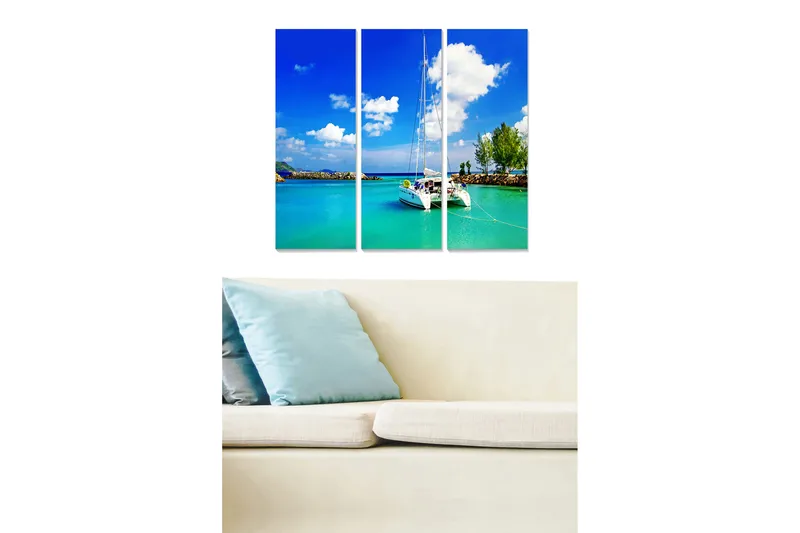 Canvastavla i trä 3-delar 50x70 cm - Segelbåt vid en klarblå lagun - Blå / Turkos / Vit - Inredning - Tavlor & konst - Canvastavlor