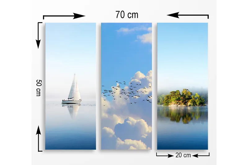 Canvastavla i trä 3-delar 50x70 cm - Segelbåt på spegelblanka vattenytor - Blå / Vit / Grön - Inredning - Tavlor & konst - Canvastavlor