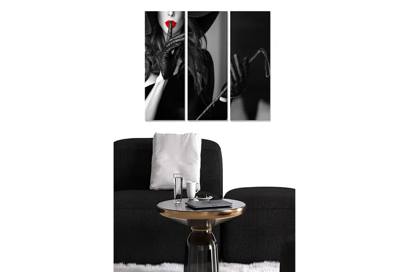 Canvastavla i trä 3-delar 50x70 cm - Sensuell kvinna med röd läppstift och svarta handskar - Svart / Röd - Inredning - Tavlor & konst - Canvastavlor