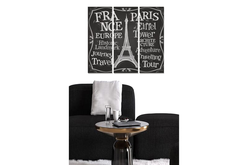 Canvastavla i trä 3-delar 50x70 cm - Silhuett av Eiffeltornet med text som hyllar Frankrike och resande, Svart / Vit