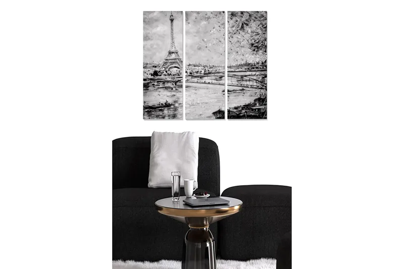 Canvastavla i trä 3-delar 50x70 cm - Silhuett av Eiffeltornet vid Seinefloden i Paris - Svart / Vitt / Grått - Inredning - Tavlor & konst - Canvastavlor
