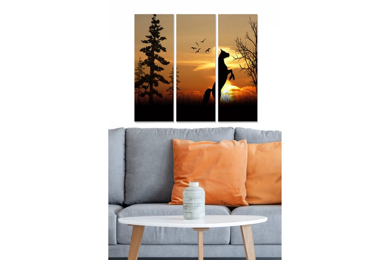Canvastavla i trä 3-delar 50x70 cm - Silhuett av en häst som reser sig mot en solnedgång med träd och fåglar i bakgrunden, Svart / Orange / Gult