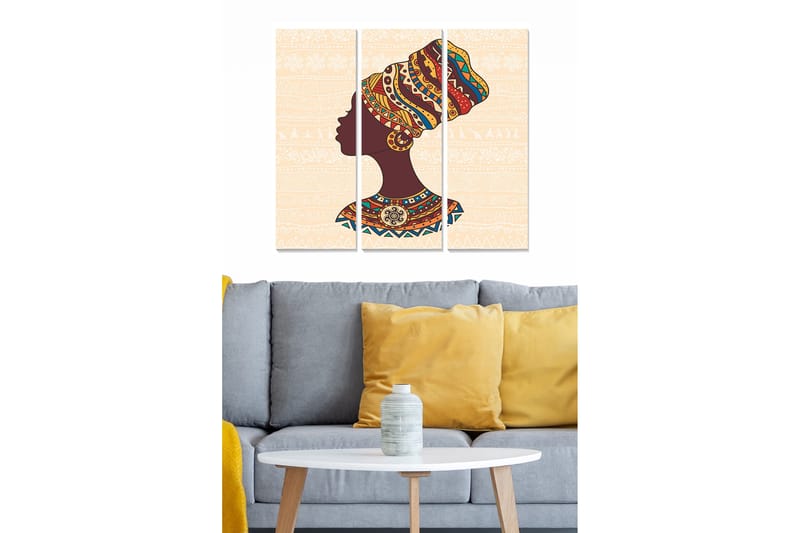 Canvastavla i trä 3-delar 50x70 cm - Silhuett av en kvinna med färgglad huvudbonad och traditionella mönster, Mörkbrun / Gul / Röd