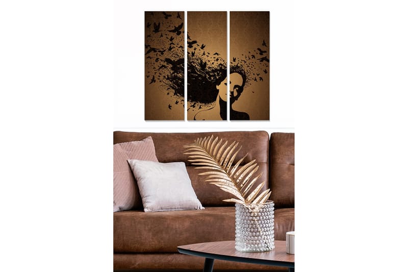 Canvastavla i trä 3-delar 50x70 cm - Silhuett av en kvinna med fåglar som svävar omkring i hennes hår, Svart / Brun