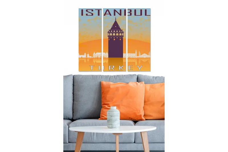 Canvastavla i tr ä 3-delar 50x70 cm - Silhuett av Istanbul med Galata-tornet i fokus, Orange / Lila / Blå