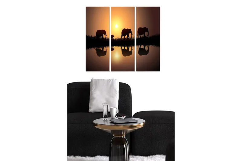 Canvastavla i trä 3-delar 50x70 cm - Silhuetter av elefanter vid solnedgången, Mörkbrun / Orange / Svart