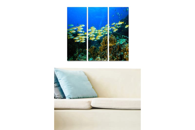 Canvastavla i trä 3-delar 50x70 cm - Skola av färgglada fiskar i korallrevets djup - Blå / Gul / Grön - Inredning - Tavlor & konst - Canvastavlor