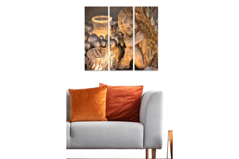 Canvastavla i trä 3-delar 50x70 cm - Skulptur av en ängel i mjuka toner, Guld / Brun / Grå