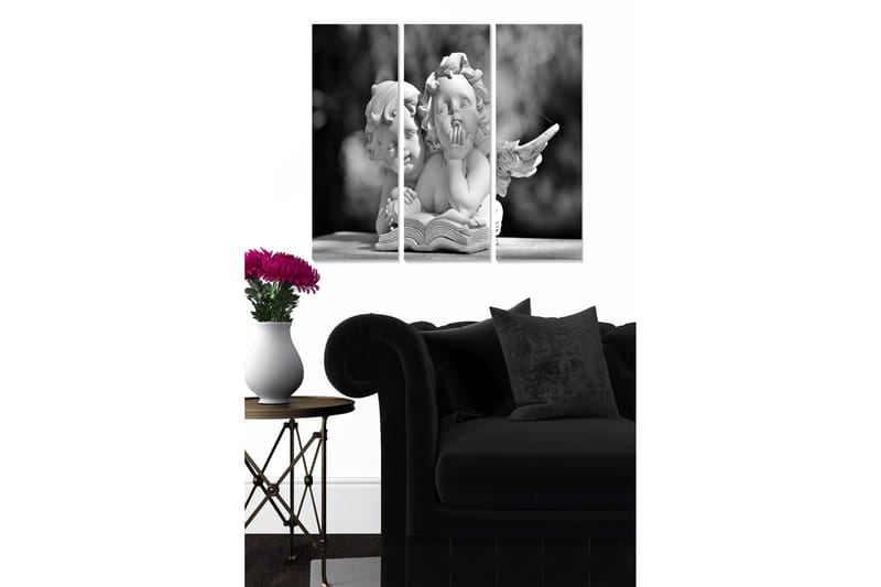 Canvastavla i trä 3-delar 50x70 cm - Skulptur av två änglar som sitter tillsammans och bläddrar i en bok, Vit / Svart / Grå