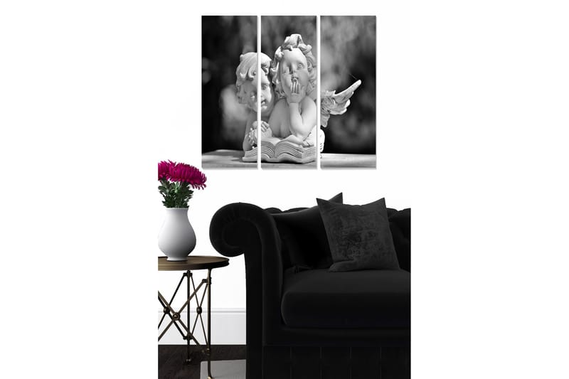 Canvastavla i trä 3-delar 50x70 cm - Skulptur av två änglar som sitter tillsammans och bläddrar i en bok, Vit / Svart / Grå