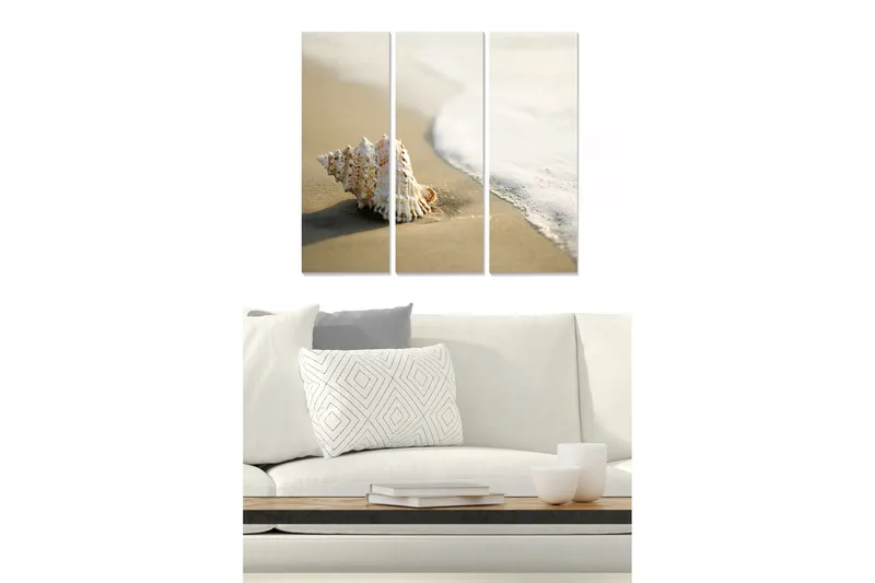 Canvastavla i trä 3-delar 50x70 cm - Snäcka på sandstranden vid havet, Vit / Beige / Ljusblå