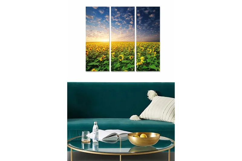 Canvastavla i trä 3-delar 50x70 cm - Solfyllda fält med solrosor under en klar himmel, Gul / Grön / Blå