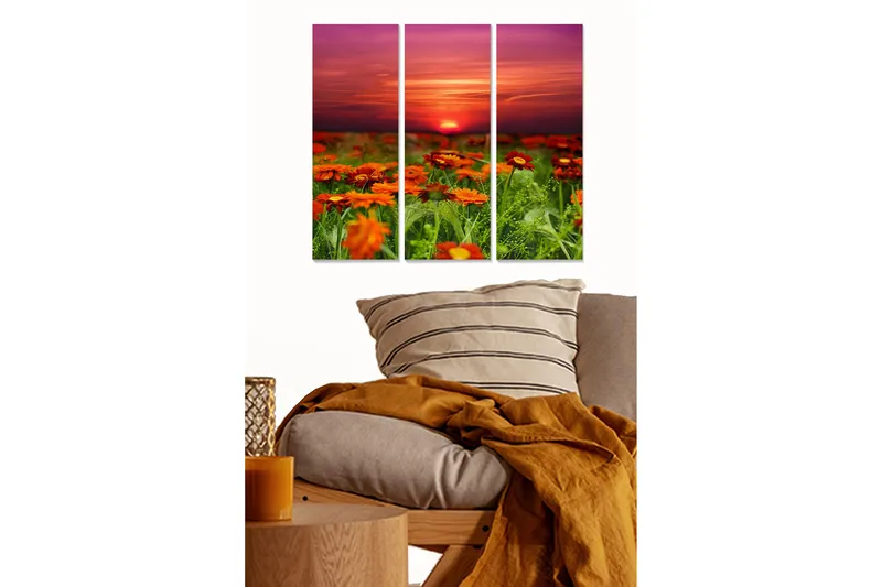 Canvastavla i trä 3-delar 50x70 cm - Solnedgång över en blomsteräng med orange blommor, Orange / Grön / Lila