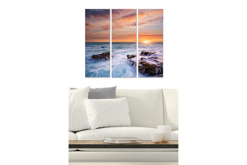 Canvastavla i trä 3-delar 50x70 cm - Solnedgång över havet med klippor i förgrunden - Blå / Orange / Lila - Inredning - Tavlor & konst - Canvastavlor