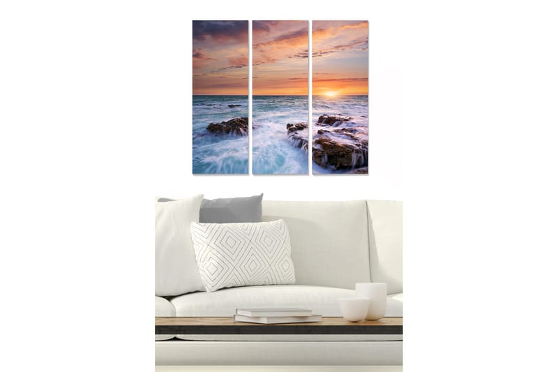 Canvastavla i trä 3-delar 50x70 cm - Solnedgång över havet med klippor i förgrunden - Blå / Orange / Lila - Inredning - Tavlor & konst - Canvastavlor