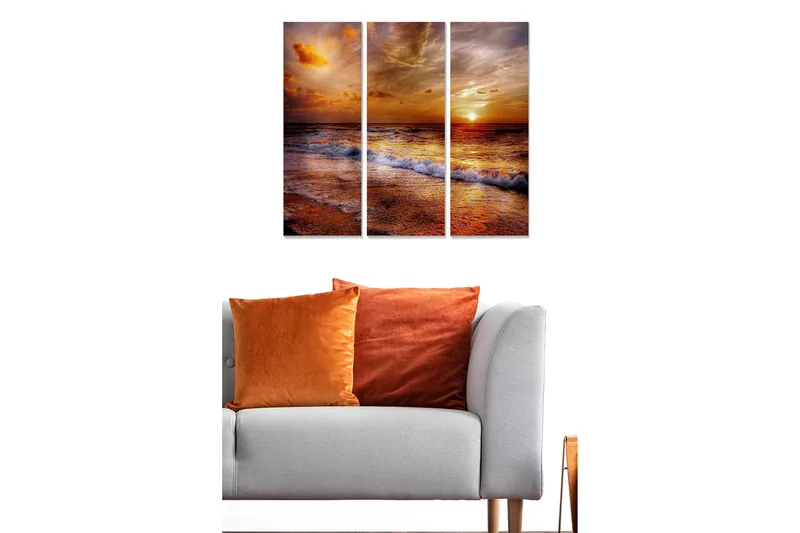 Canvastavla i trä 3-delar 50x70 cm - Solnedgång över havet med reflektioner i vattnet, Orange / Guld / Blå