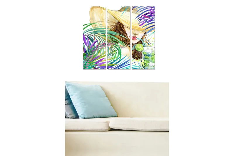 Canvastavla i trä 3-delar 50x70 cm - Somrig kvinna med stor hatt och drink omgiven av färgglada palmer, Grön / Lila / Beige