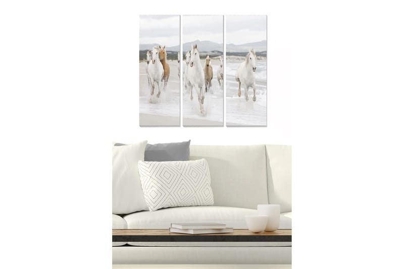 Canvastavla i trä 3-delar 50x70 cm - Springande hästar vid havet, Vit / Beige / Ljusgrå