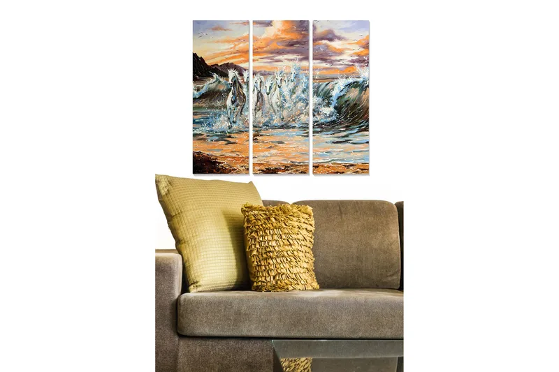 Canvastavla i trä 3-delar 50x70 cm - Sprudlande hästar som galopperar genom vågorna, Blå / Vit / Orange
