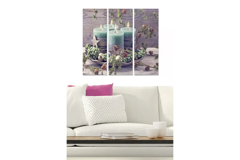 Canvastavla i trä 3-delar 50x70 cm - Stämningsfull arrangemang av ljusgröna ljus med dekorationer av gran och kottar, Ljusgrön / Brun / Grå