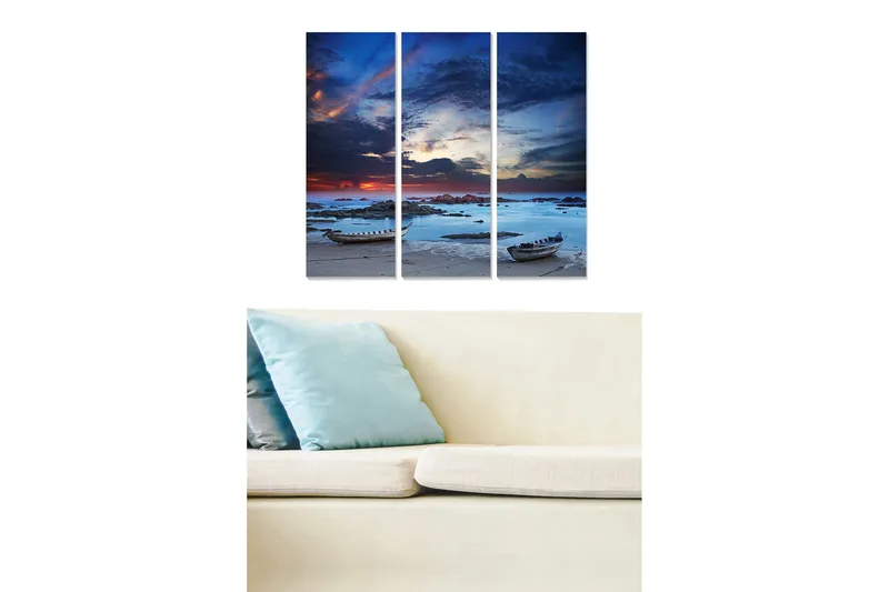 Canvastavla i trä 3-delar 50x70 cm - Stämningsfull havslandskap med båtar vid solnedgång, Mörkblå / Ljusblå / Orange