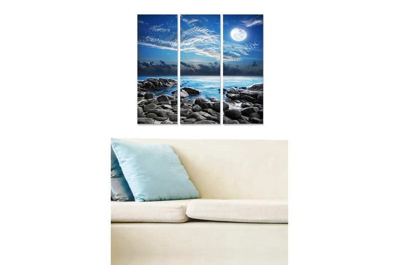 Canvastavla i trä 3-delar 50x70 cm - Stämningsfull havsutsikt med måne och klippor - Blå / Grå / Vit - Inredning - Tavlor & konst - Canvastavlor