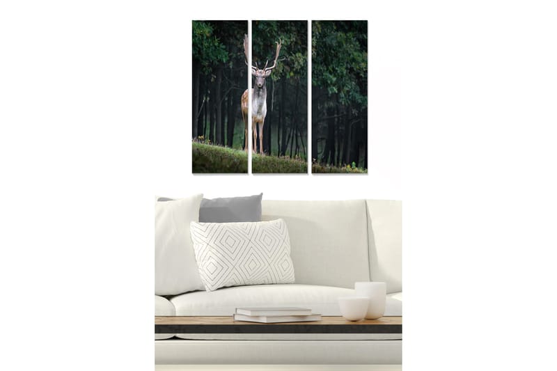 Canvastavla i trä 3-delar 50x70 cm - Stående rådjur i en skogsmiljö, Grön / Brun / Svart