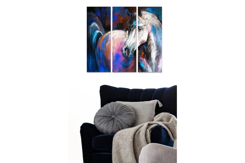 Canvastavla i trä 3-delar 50x70 cm - Ståtlig häst i dynamisk komposition, Blå / Vit / Rosa