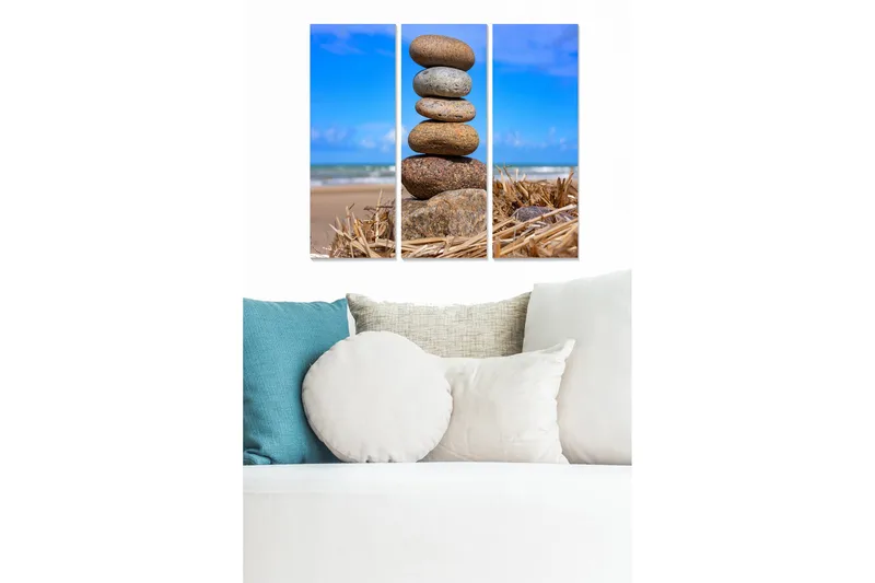 Canvastavla i trä 3-delar 50x70 cm - Stabila stenar i en harmonisk stapel vid stranden, Grå / Brun / Blå