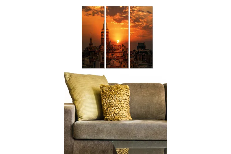 Canvastavla i trä 3-delar 50x70 cm - Stadslandskap med solnedgång över takåsar och torn, Orange / Mörkblå / Guld