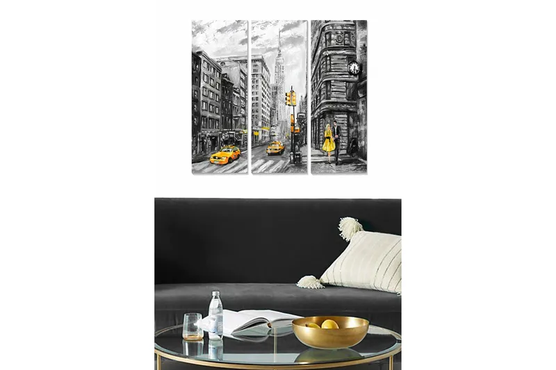 Canvastavla i trä 3-delar 50x70 cm - Stadsscen med gula taxibilar och en kvinna i gul klänning, Gult / Svart / Grått