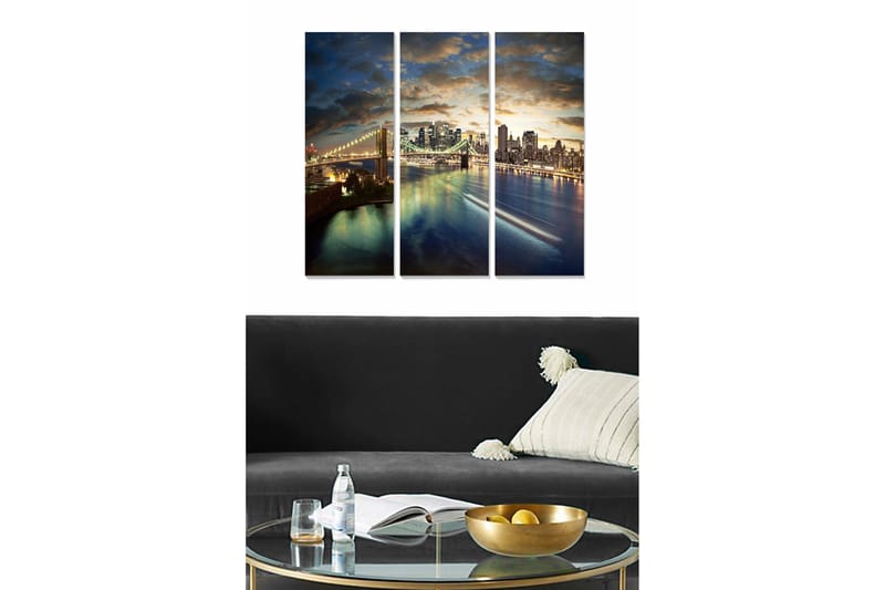 Canvastavla i trä 3-delar 50x70 cm - Stadssilhuett vid solnedgång med bro och reflektioner i vattnet - Mörkblå / Guld / Grå - Inredning - Tavlor & konst - Canvastavlor