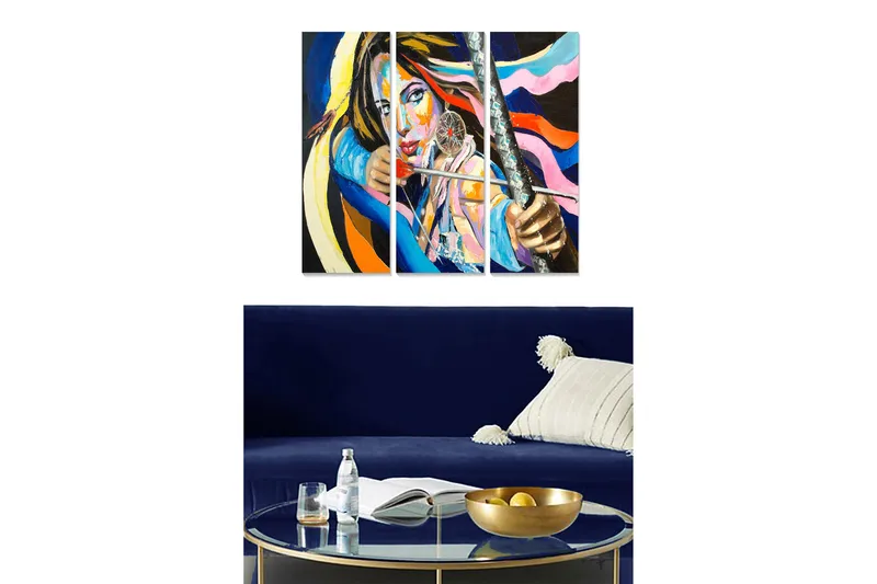 Canvastavla i trä 3-delar 50x70 cm - Starkt porträtt av en kvinna med svärd och färgglada linjer, Blå / Orange / Rosa