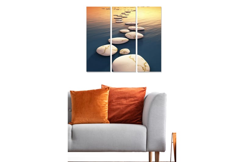 Canvastavla i trä 3-delar 50x70 cm - Stenlagd väg över spegelblanka vattenytor - Vit / Blå / Guld - Inredning - Tavlor & konst - Canvastavlor