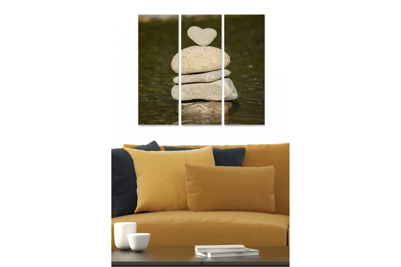 Canvastavla i trä 3-delar 50x70 cm - Stenstapel med ett hjärtformat stenar på toppen - Grå / Beige / Brun - Inredning - Tavlor & konst - Canvastavlor