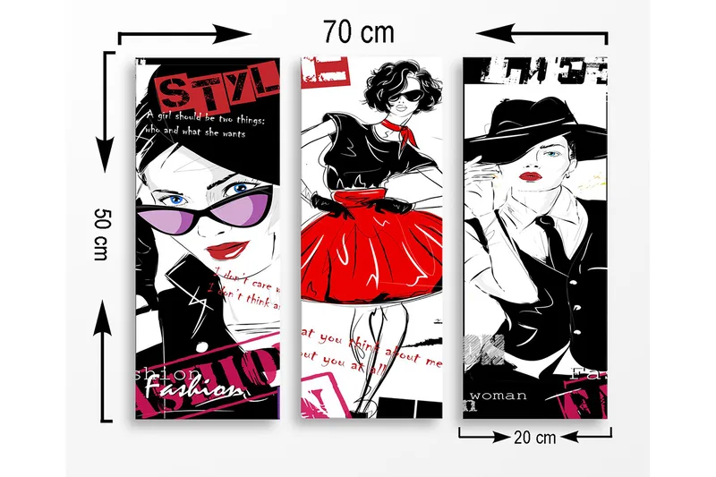 Canvastavla i trä 3-delar 50x70 cm - Stilfulla kvinnor i mode med färgglada detaljer - Röd / Svart / Vit - Inredning - Tavlor & konst - Canvastavlor