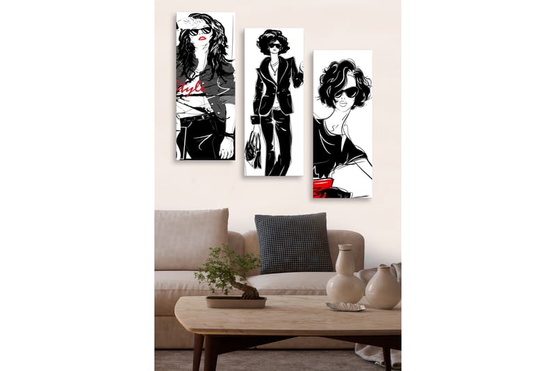 Canvastavla i trä 3-delar 50x70 cm - Stiliga kvinnor i modekläder med solglasögon, Svart / Röd / Vit