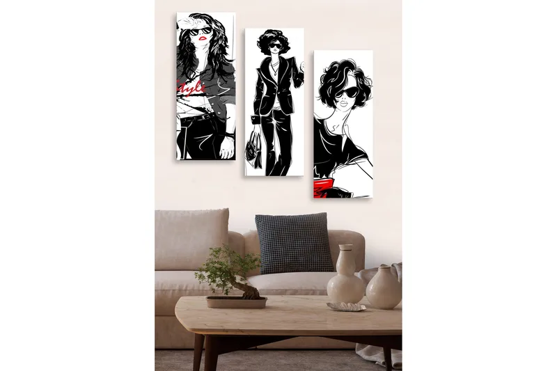 Canvastavla i trä 3-delar 50x70 cm - Stiliga kvinnor i modekläder med solglasögon, Svart / Röd / Vit