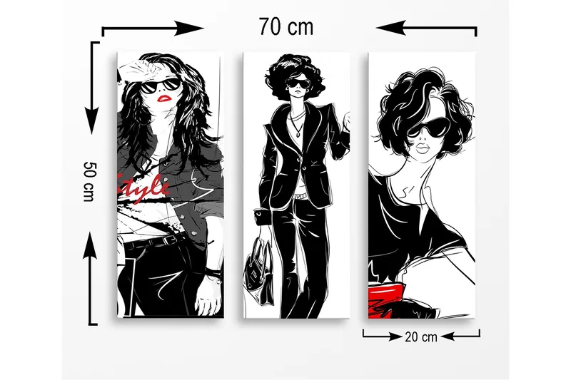 Canvastavla i trä 3-delar 50x70 cm - Stiliga kvinnor i modekläder med solglasögon - Svart / Röd / Vit - Inredning - Tavlor & konst - Canvastavlor