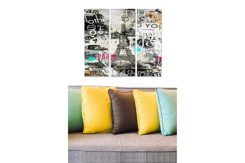 Canvastavla i trä 3-delar 50x70 cm - Stiliserad bild av Eiffeltornet med text och färgglada inslag, Svart / Grå / Rosa
