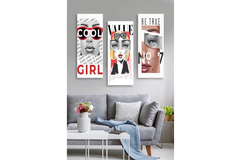 Canvastavla i trä 3-delar 50x70 cm - Stiliserade porträtt av kvinnor med moderna inslag - Röd / Svart / Hudton - Inredning - Tavlor & konst - Canvastavlor