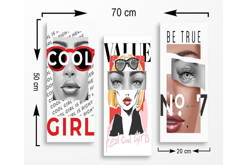 Canvastavla i trä 3-delar 50x70 cm - Stiliserade porträtt av kvinnor med moderna inslag - Röd / Svart / Hudton - Inredning - Tavlor & konst - Canvastavlor