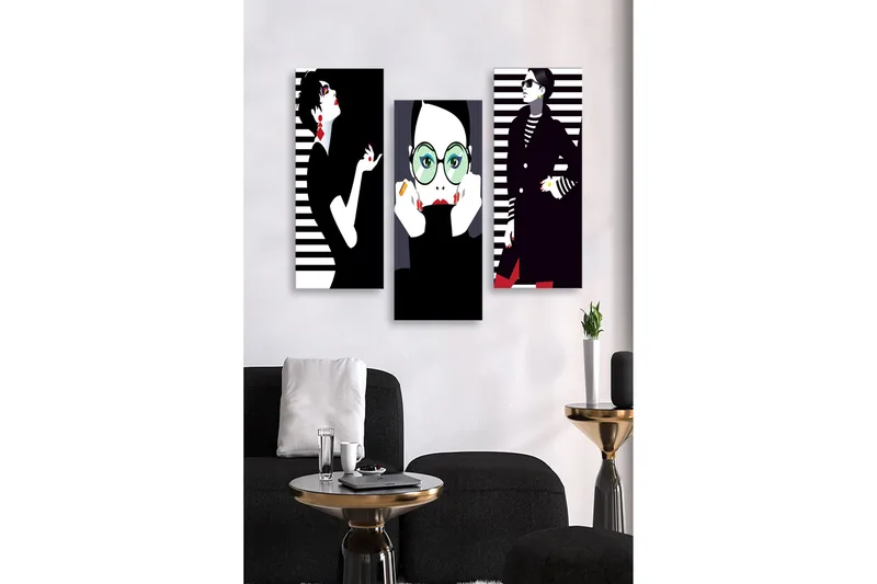 Canvastavla i trä 3-delar 50x70 cm - Stiliserade porträtt av modeikoner med grafiska inslag, Svart / Vit / Röd