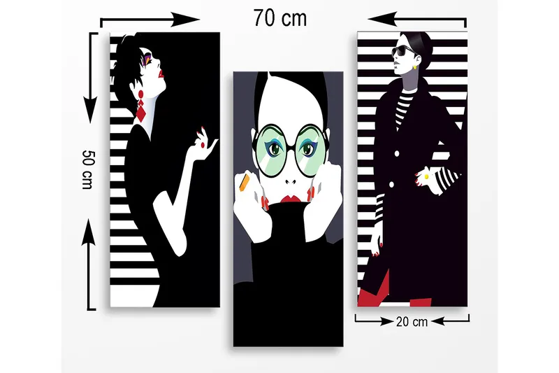 Canvastavla i trä 3-delar 50x70 cm - Stiliserade porträtt av modeikoner med grafiska inslag - Svart / Vit / Röd - Inredning - Tavlor & konst - Canvastavlor