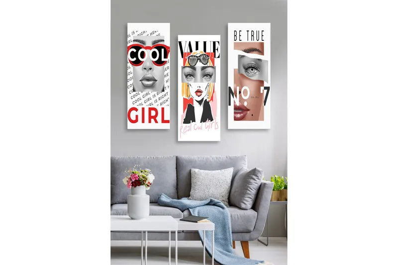 Canvastavla i trä 3-delar 50x70 cm - Stiliserade porträtt av kvinnor med moderna inslag - Röd / Svart / Hudton - Inredning - Tavlor & konst - Canvastavlor