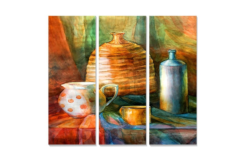 Canvastavla i trä 3-delar 50x70 cm - Stilleben med keramik och glasföremål, Orange / Grön / Blå