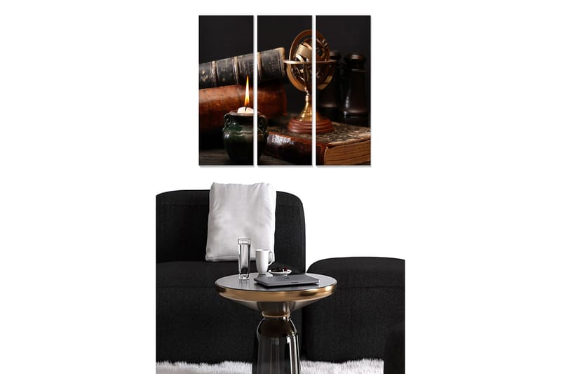 Canvastavla i trä 3-delar 50x70 cm - Stillhet med böcker, en glob och ett tänd ljus - Mörkgrön / Brunt / Guld - Inredning - Tavlor & konst - Canvastavlor